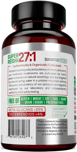 Vista 3 de Extracto orgánico de hongos Reishi por Tera Herbs - 60 cápsulas vegetarianas - Ganoderma Lucidum/Ling Zhi