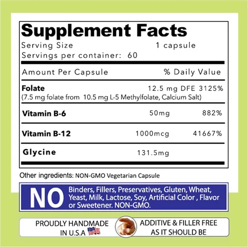 Vista 6 de Our Daily Vites - Cofactores del complejo L-metilfolato B y aminoácidos esenciales (7.5 mg), folato activo, metilcobalamina B12 metilcobalamina, B6