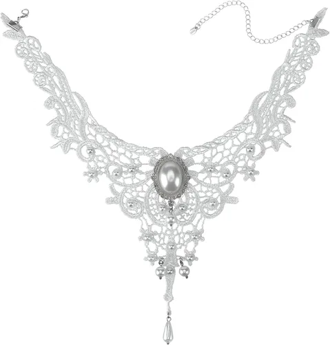 Vista 16 de Gargantilla de encaje negro gótico con tatuaje para fiesta de Halloween, accesorio personalizado para mujer R1: blanco