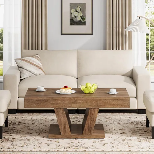 Vista 4 de Mesa de centro de granja con 2 cajones laterales, mesa de té central de madera de 43 pulgadas con almacenamiento oculto, mesa de cóctel rectangular