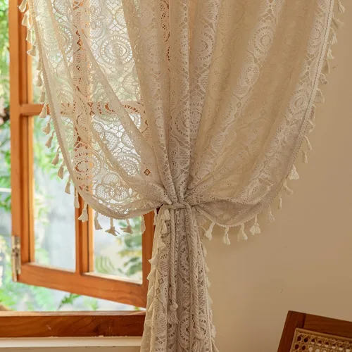 Vista 17 de YJ YANJUN - Cortinas de café boho, 24 pulgadas de largo, 2 paneles, cada una de 59" de ancho x 24" de largo, beige, con crochet, cortinas de cocina