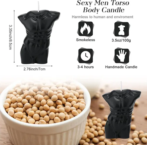 Vista 3 de Tondiamo 2 velas en forma de cuerpo femenino masculino cuerpo hombres torso cera de soja perfumada vela decorativa para dormitorio, baño, boda Negro