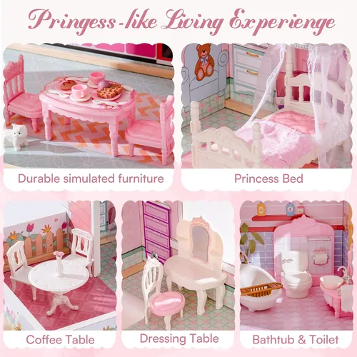Vista 11 de ROBUD Casa de madera para muñecas, juego de casa de muñecas con 24 piezas de accesorios exquisitos, ascensor que funciona, regalo para niños de 3