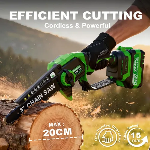 Vista 3 de Mini motosierra de 8 pulgadas con 2 baterías y cargador, motosierras inalámbricas sin escobillas con engrasador automático, motosierra eléctrica