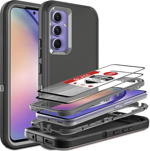 Vista 9 de Funda para Samsung Galaxy A54 5G, 3 en 1, protección resistente a prueba de golpes con 2 protectores de pantalla de vidrio templado, color azul Azul