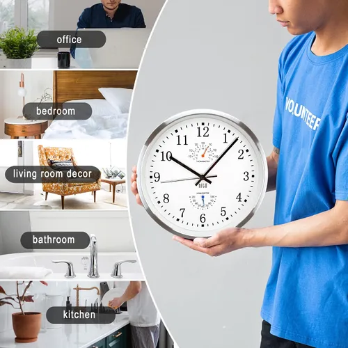 Vista 13 de HITO Reloj de pared silencioso de 10 pulgadas, funciona con pilas, sin tictac, cubierta de vidrio, marco de aluminio plateado, para decoración