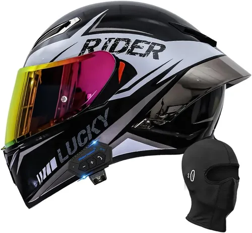 Vista 23 de Casco de motocicleta Bluetooth de cara completa, aprobado por DOT, casco antivaho, doble visera, casco de bicicleta de calle, altavoz dual integrado