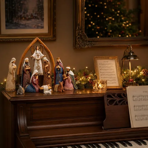 Vista 7 de Comfy Hour Faith and Hope Collection Baby Jesus, Santa Familia con Ángel, Belén de Navidad, juego de 11 piezas, poliresina