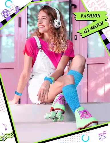 Vista 6 de 4 piezas de accesorios de los años 80 y 90 para mujer, calcetines de neón slouch Scrunch de los años 80, calentadores de piernas pesados, suaves