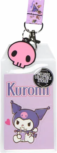 Vista 2 de Sanrio Kuromi Soporte para tarjetas de identificación con cordón con colgante de goma y calcomanía coleccionable