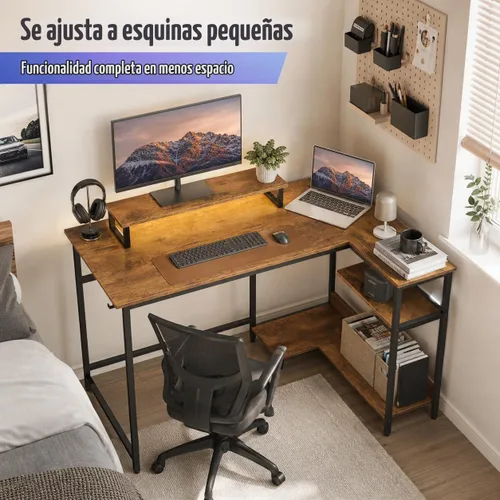Vista 3 de DEVAISE Escritorio compacto para juegos en forma de L de 43 pulgadas con luces LED, marrón rústico