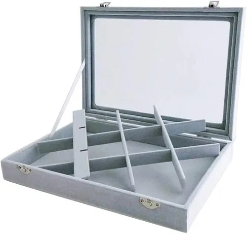 Vista 6 de Bandeja organizadora apilable de terciopelo gris con cubierta de vidrio, almacenamiento de joyas, de grado premium, multifunción, 12 rejillas