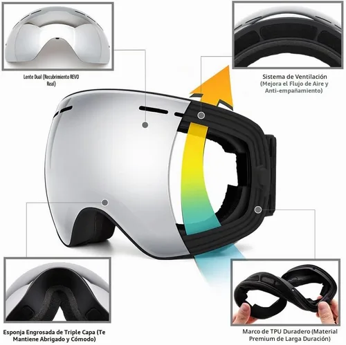 Vista 4 de JULI Gafas de esquí, gafas de snowboard para deportes de nieve de invierno con lente antivaho BNC A1-negro/plateado