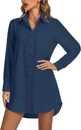 Vista 20 de LYANER Vestido camisero para mujer con cuello en V, botones, manga larga y dobladillo curvado