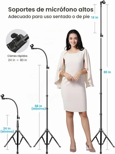Vista 2 de Elitehood Soporte de micrófono plegable de aluminio, 82 pulgadas de alto y altura ajustable, soporte de micrófono con soporte de clip para micrófono