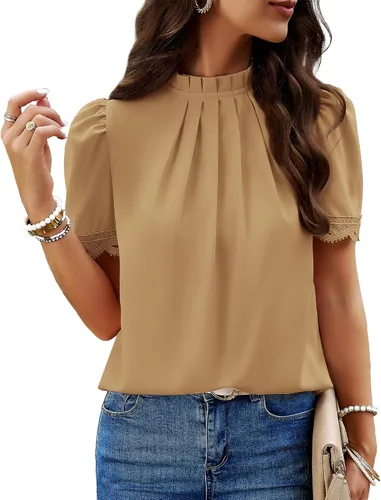 Vista 8 de BTFBM Blusas de cuello alto falso para mujer, elegantes y casuales Verde oscuro