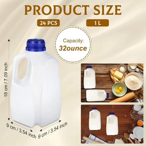 Vista 2 de Mumufy 24 mini jarras de leche de plástico de 32 onzas con tapas, reutilizables y recargables, recipientes de plástico de 1 cuarto de galón