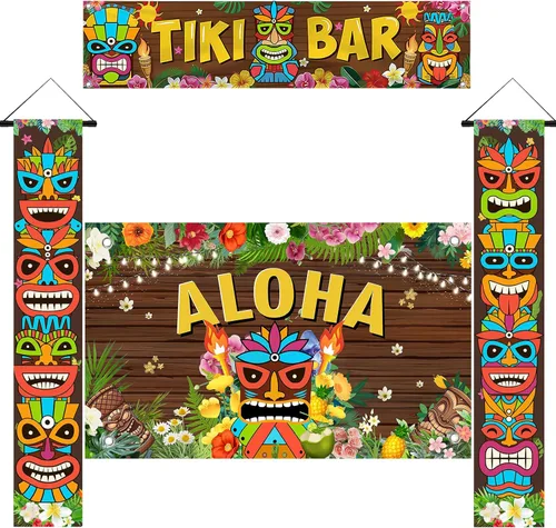 Vista 7 de Luau - Cartel para puerta de tótem Tiki, 3 piezas, pancarta de Tiki para porche, cubierta hawaiana para Aloha Hawaii, Moana tropical, cumpleaños