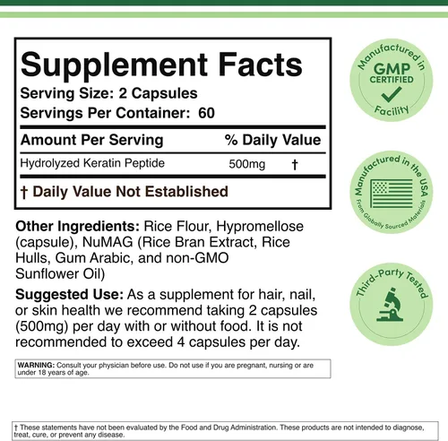 Vista 2 de Vitamina de queratina para el crecimiento del cabello (500 mg por porción, 120 píldoras) Tratamiento capilar de queratina para hombres y mujeres