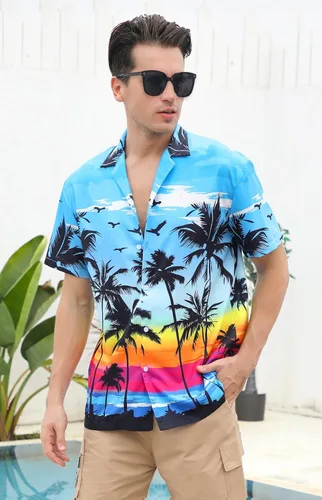Vista 4 de Cromoncent Camisa hawaiana de manga corta para hombre y niño, cuello cubano, tropical, vacaciones, verano, playa, Aloha Azul