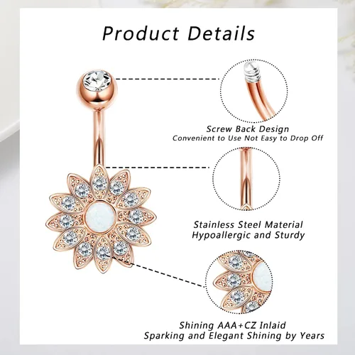 Vista 5 de Dochais 8 piercings para ombligo de acero quirúrgico para mujer, de acero inoxidable, ópalo, perla brillante, circonita cúbica, joyería de piercing