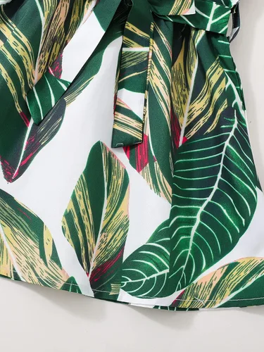 Vista 5 de SHENHE Vestidos cortos de corte A para niña con estampado tropical, halter sin mangas, lazo en la cintura