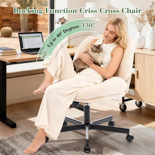 Vista 4 de Silla cruzada gruesa, acolchada, ergonómica, con patas cruzadas, con ruedas, silla giratoria sin brazos, altura ajustable para computadora