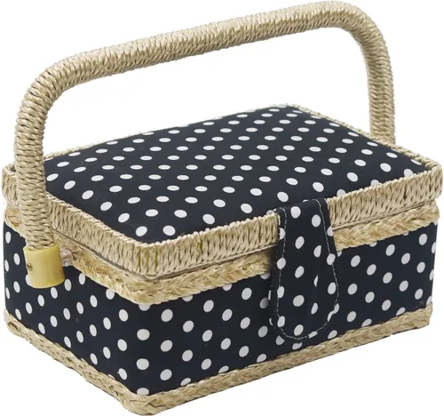 Vista 3 de Cesta de coser con kit de costura. Pequeña caja de costura organizadora con mini kits de costura para niños, principiantes y regalo, Negro