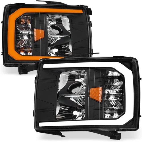 Vista 10 de 7422441821830 Compatible con Chevy Silverado 2007-2013 1500/2007-2014 2500 3500 HD DRL LED Strip Bar Faros delanteros con reflector ámbar