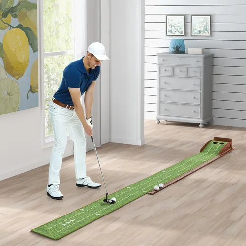 Vista 9 de Tangkula Alfombrilla de práctica de golf de 10 pies, 2/3 hoyos con retorno automático de bola para interiores y exteriores, guías de alineación y 3