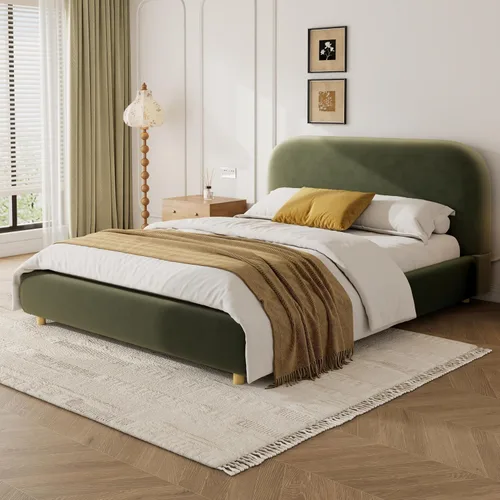 Vista 4 de Christopher Knight Home Hazel Queen Size Platform Bed, Velvet Fabric Headboard and Bed Frame, Upholstered Curve-Shaped Queen Headboard, Wooden Slats