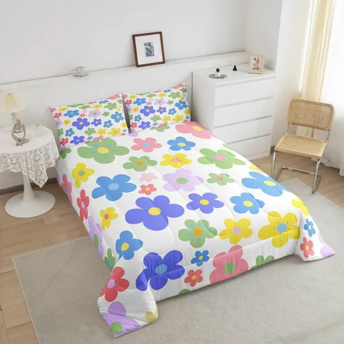 Vista 3 de Lindo juego de edredón de flores para niños y mujeres. Juego de ropa de cama de flores coloridas de dibujos animados, tamaño individual, bonito