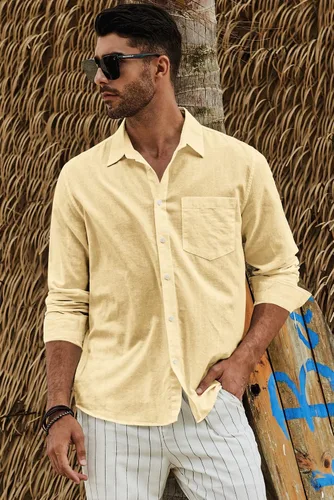 Vista 5 de JMIERR Camisa de vestir de manga larga con botones y lino de algodón para hombre