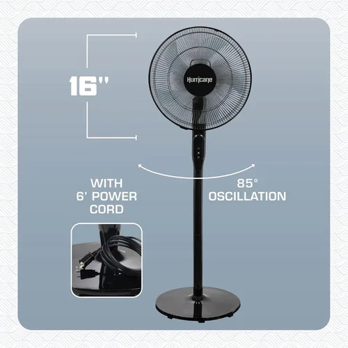 Vista 2 de Hurricane - Ventilador de pedestal oscilante, unidad de enfriamiento de 12 velocidades, 16 pulgadas, negro - Con control remoto, inclinación
