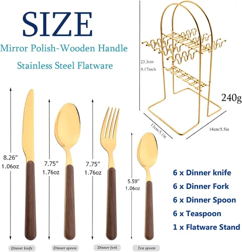 Vista 3 de Juego de cubiertos dorados de espejo de 24 piezas con soporte para cubiertos, cubiertos colgantes con mango redondo de madera, incluye cuchillo
