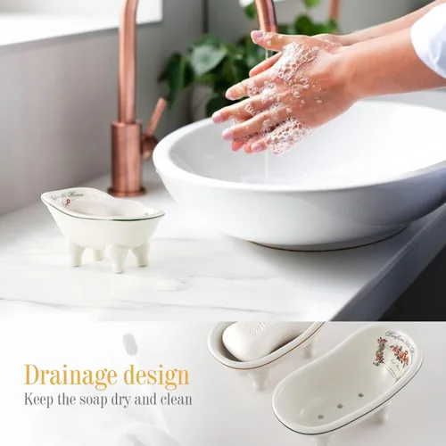 Vista 5 de Jabonera de baño de cerámica retro para ducha, 2 piezas, mini bañera de porcelana de 5.6 pulgadas, soporte de jabón autodrenante para decoración