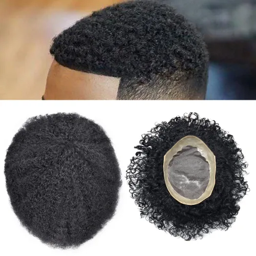 Vista 11 de Afro Curl Black Mens Toupee Afro Americano Unidades de Cabello para Hombres Negros Kinky Rizado Fino Mono Brasileño Cabello Humano Pelucas Hombres