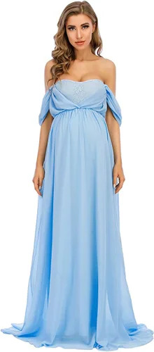 Vista 4 de ZIUMUDY Vestido de gasa de maternidad con hombros descubiertos para sesión de fotos, maxi vestido de encaje para baby shower, vestido de fiesta