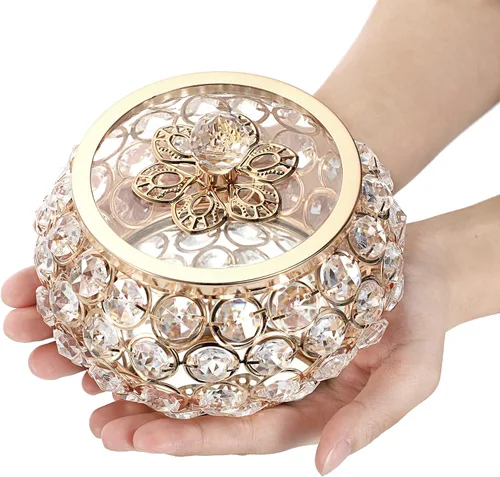 Vista 4 de Hipiwe Joyero de cristal con tapa de cristal caja del tesoro con espejo dorado caja de joyería decorativa anillos aretes collar caja de recuerdo
