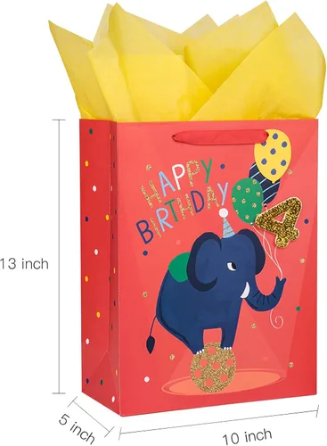 Vista 5 de Loveinside Bolsa de regalo de elefante de 4º cumpleaños con papel de seda, etiqueta de regalo y tarjeta de felicitación para niños, fiestas y más