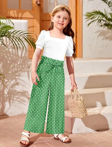 Vista 54 de DONWEN Conjunto de 3 piezas de ropa para niñas pequeñas y niñas con cuello cuadrado + pantalones elegantes + diadema para primavera y verano