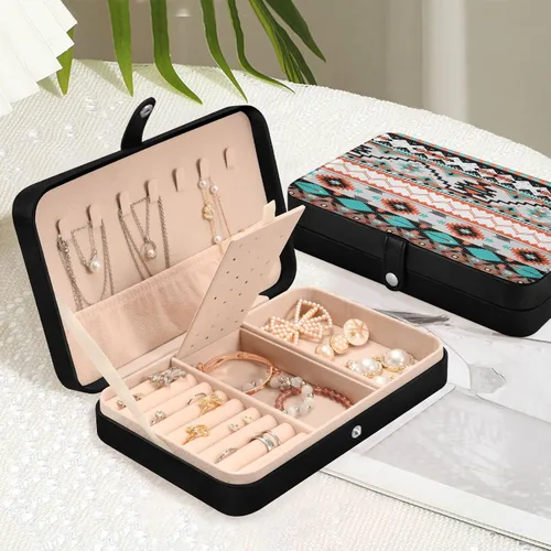 Vista 6 de Joyero de viaje con patrón azteca, piel sintética, doble capa, organizador de joyas de viaje, caja de joyería portátil para anillos, aretes