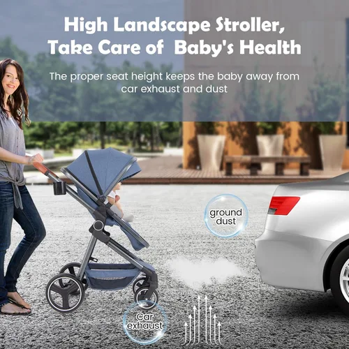 Vista 9 de INFANS Cochecito de bebé 2 en 1, cuna convertible para recién nacido, plegable, alta absorción de impactos con asiento reversible, estructura