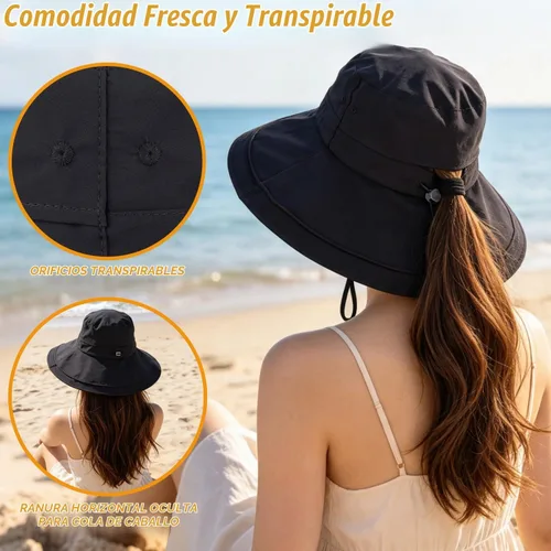 Vista 3 de Sombrero de ala ancha impermeable UPF 50+ para mujer con agujero para cola Negro