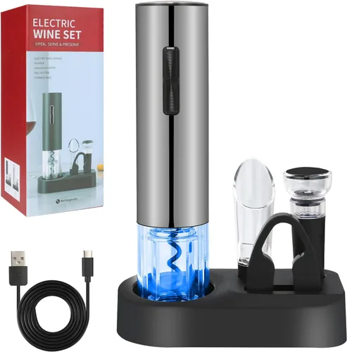 Vista 7 de VIDYSUFYR Juego de abridor eléctrico de botellas de vino con base de carga, negro, abridor automático de botellas de vino con luz LED, kit