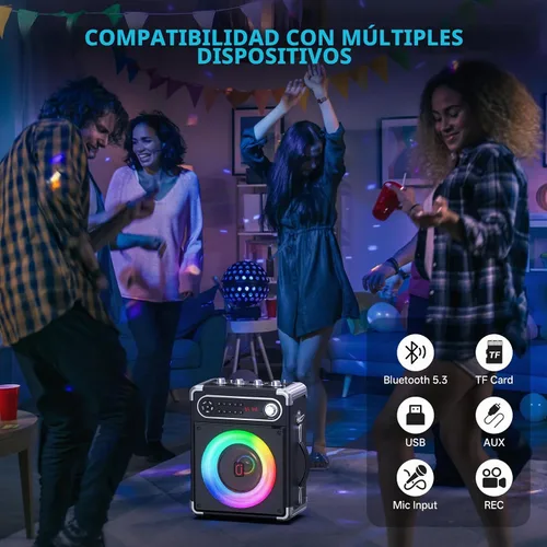 Vista 5 de JYX - Máquina de karaoke con dos micrófonos inalámbricos, altavoz Bluetooth portátil con ajuste de graves/agudos, sistema de PA con control remoto