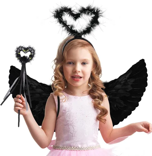 Vista 3 de Angel Wings and Halo Headband Set Black Feather Angel Wings Angel Halo Headband and Angel Wand for Kids Girls Halloween Party Costume