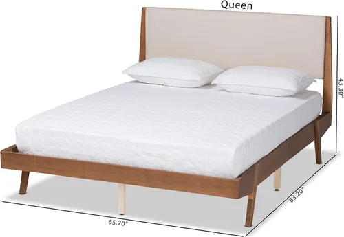 Vista 3 de Baxton Studio Senna Mid-Century - Cama de plataforma tapizada de tela beige moderna y acabado marrón nogal, tamaño Queen