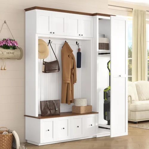 Vista 11 de JIVOIT Farmhouse Wood Hall Tree with Coat Hooks, Cabinets, 4 Drawers, Hooks (Ancient White/ 091)