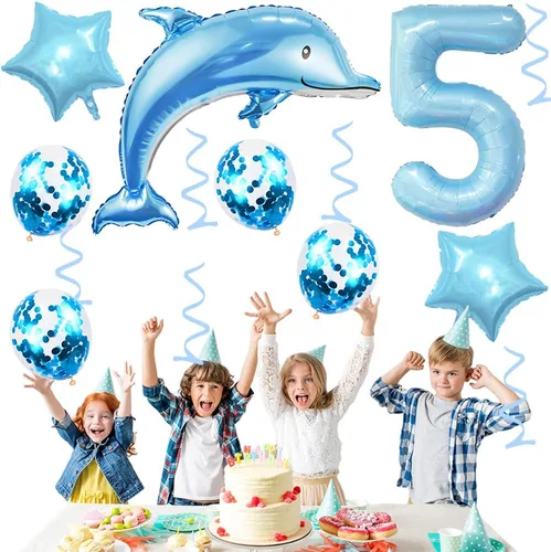 Vista 7 de Globos de cumpleaños de 5º delfín, globo gigante de papel de aluminio de delfín número 5, globos de Mylar de animales del océano para suministros